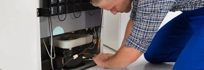 Refrigerator repair technician servicing the compressor and condenser area in Clearwater, FL